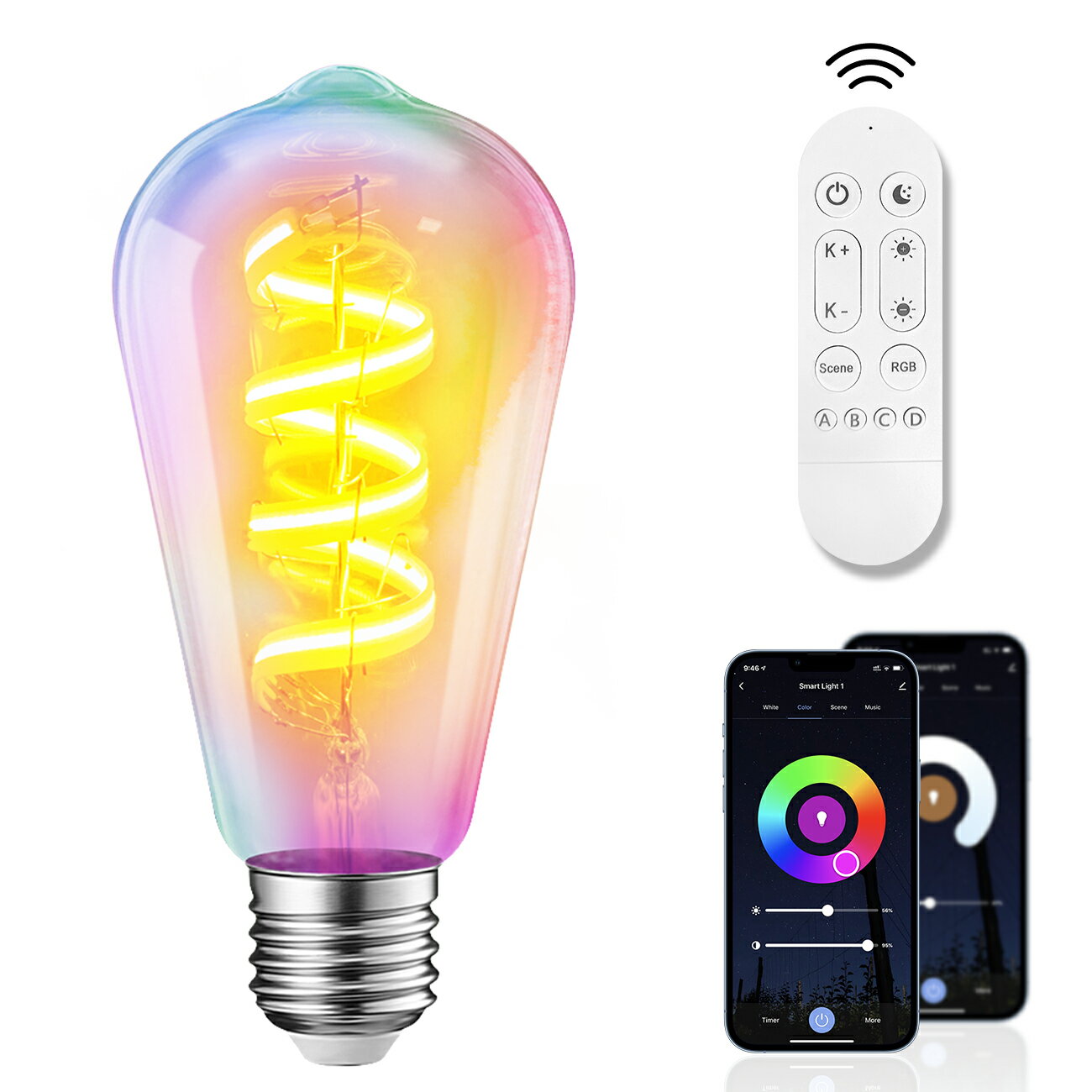 LED電球 E26口金 40W形相当 エジソン電球 スマート電球 6.3W フィラメント電球 リモコン付 500LM 調光調色 RGBCWマルチカラー led照明 昼光色 昼白色 電球色 遠隔操作 アプリ制御 Alexa/Google Home対応 タイマー機能 3年保証 送料無料 LVWIT