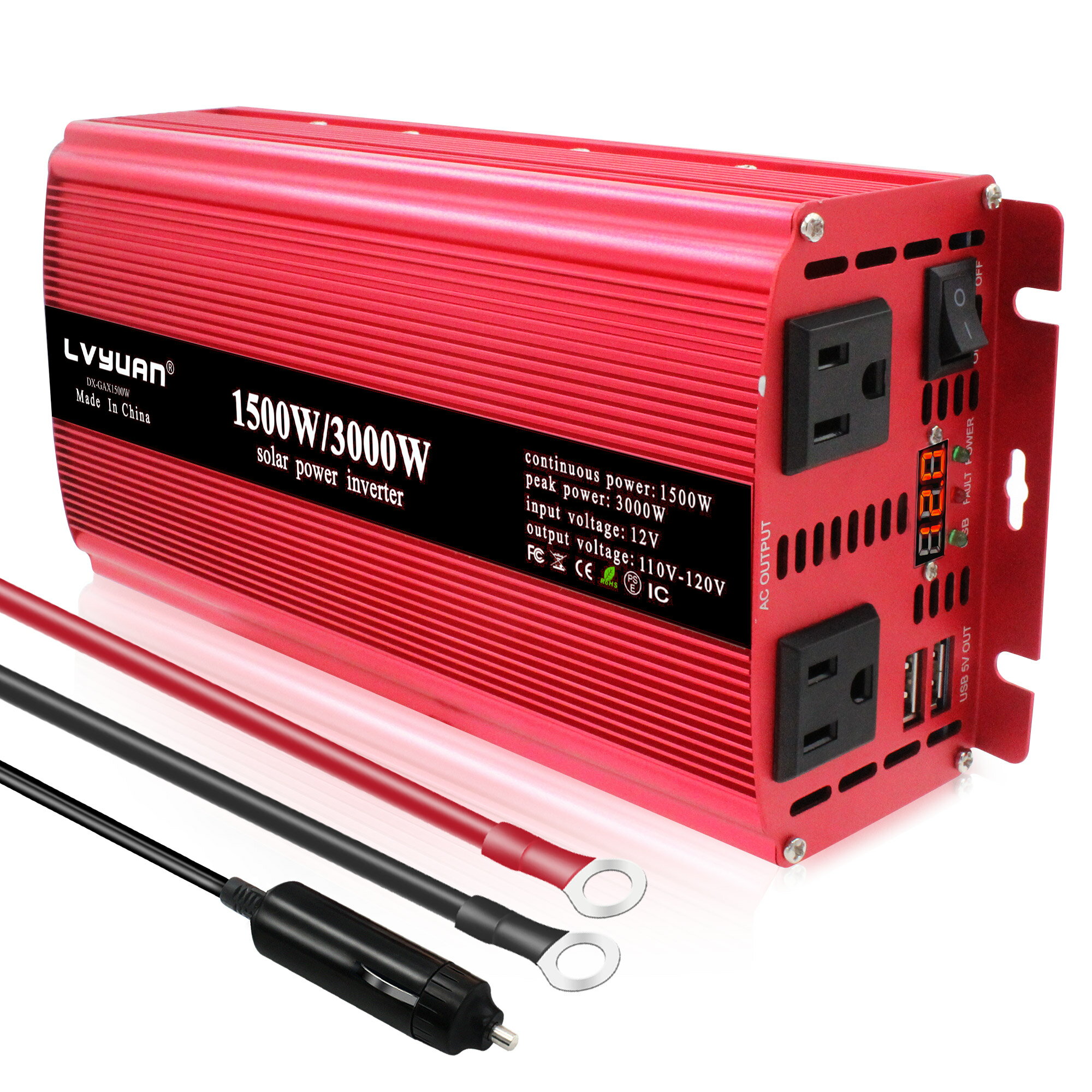 【LVYUAN公式】【30日間無料交換】インバーター 12V 100V 1500W 最大3000W DCAC 直流 交流 車中泊グッズ カーインバーター スマホ充電 アウトドア 発電機 太陽光発電 ACコンセント×2 地震 防災用品 LVYUAN（リョクエン）