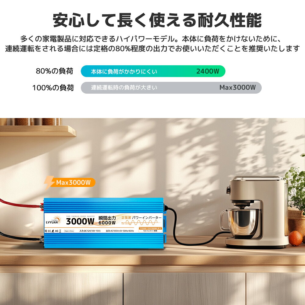 【クーポンで30,599円】 インバーター 正弦波 12V 100V 3000W 最大6000W DC AC 50HZ/60HZ切替 直流 交流 カーインバーター 車中泊グッズ スマホ充電 アウトドア 緊急 防災用品 キャンプ 自動車 キッチンカー キャンピングカー 永久保証LVYUAN（リョクエン） lvyuan-10000222 LVYUAN楽天市場店 サンプル画像2