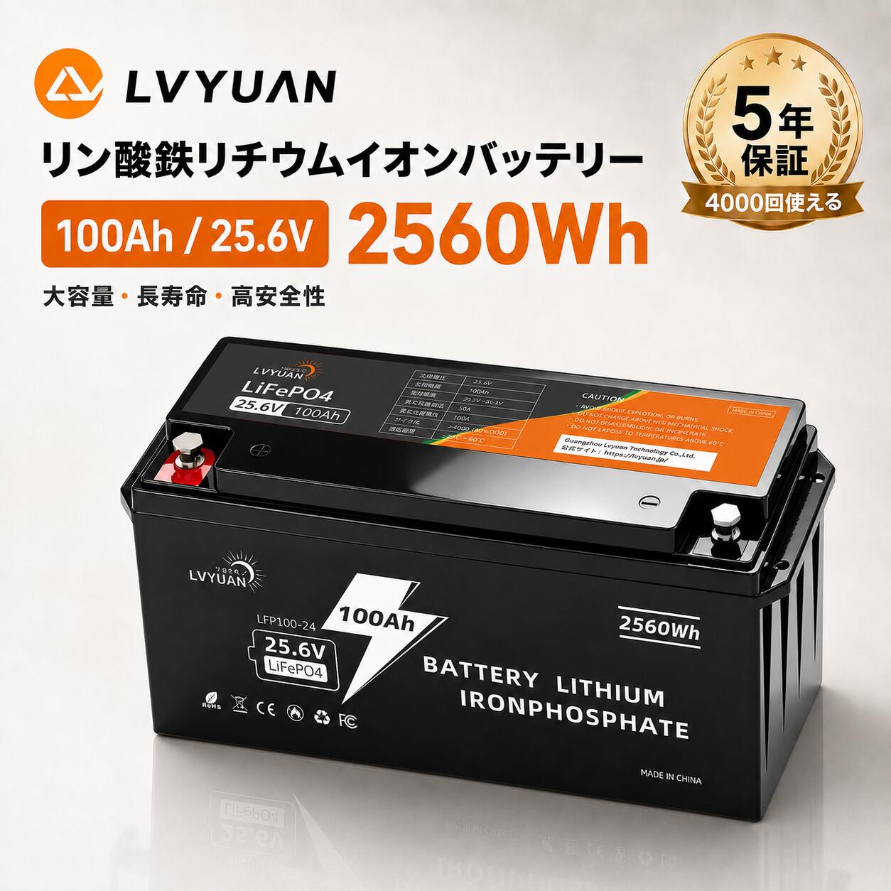 【15％OFFクーポン配布中】LVYUAN 25.6V 100Ah LiFePO4 リン酸鉄リチウムイオンバッテリー 2.56kWh 5.12kWh10年長寿命 4000回サイクル以上 BMS保護機能搭載 ソーラー充電 キャンピングカー 防災対応 Grade-A電池セル 5年保証