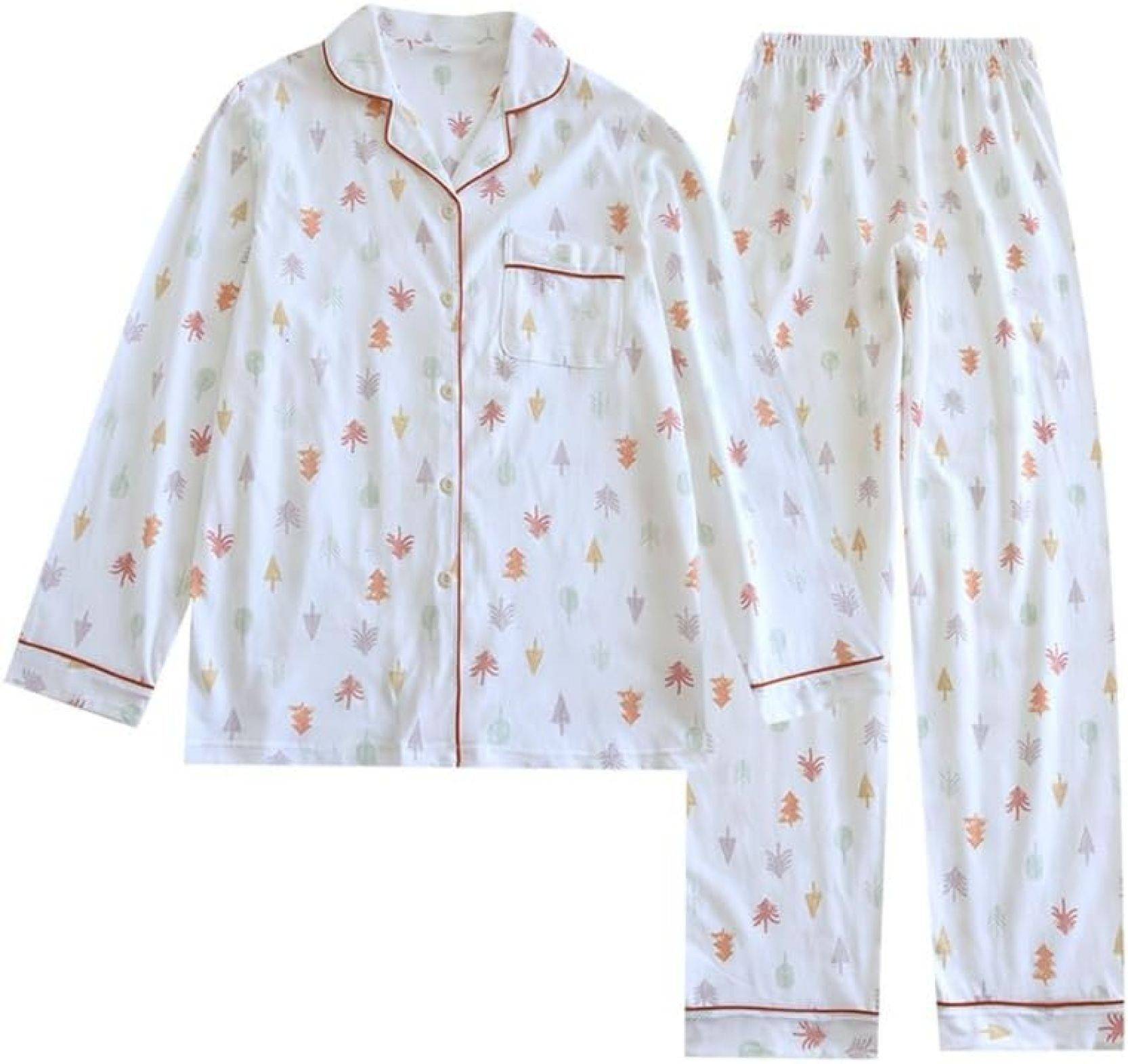 レディース 綿 コットン パジャマ ルームウェア セット クリスマスツリー 長袖シャツ ロングパンツ 春夏