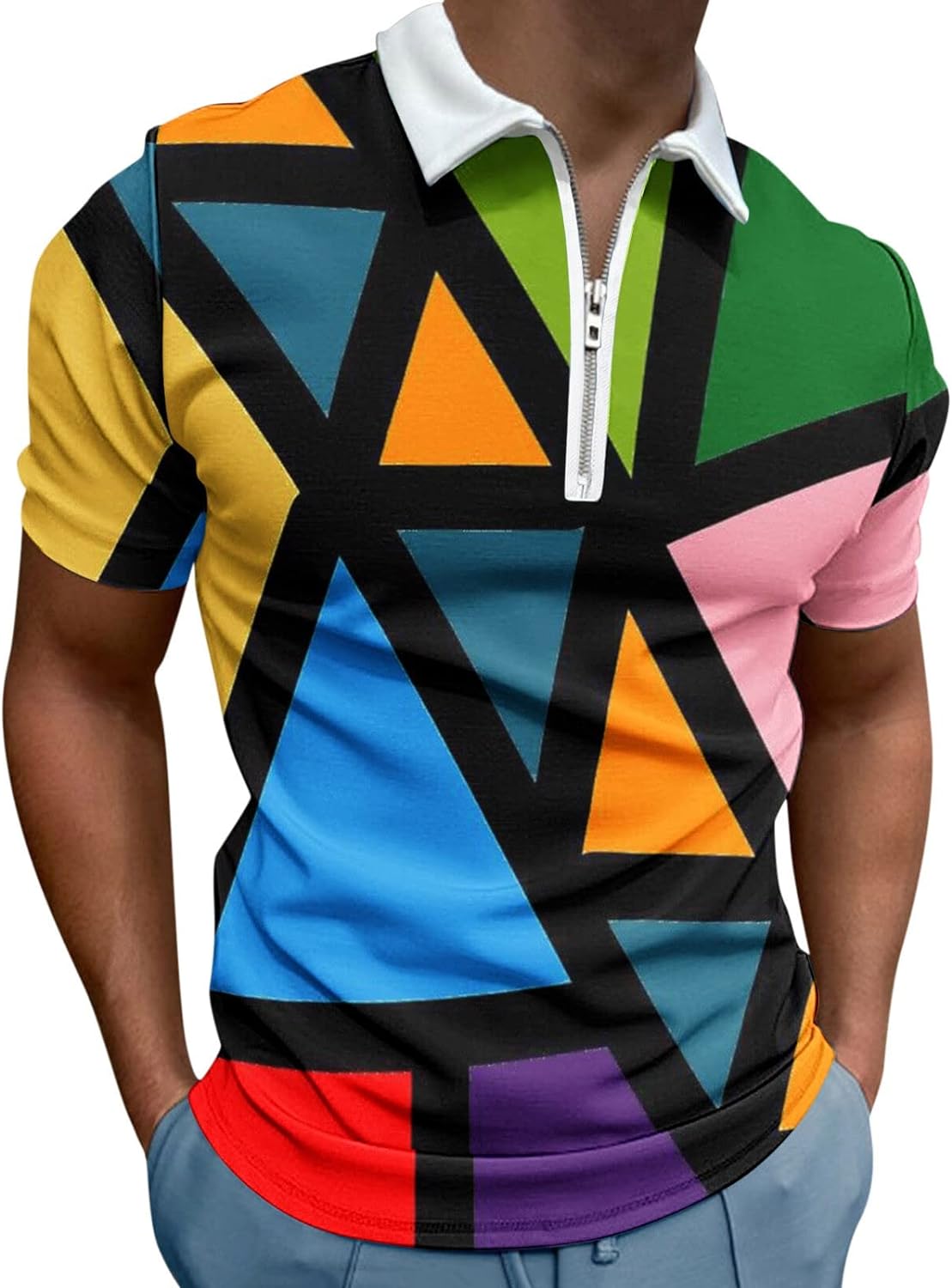 ポロシャツ + メンズ 長袖 メンズ3Dプリントサマーラペルカジュアルブラウスジッパー半袖シャツ メンズ ポロシャツ 長袖 大きいサイズ