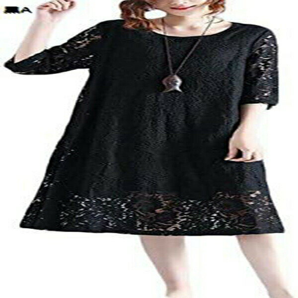 レディース ワンピース ひざ丈 ゆったり 長袖 レース ワンピー 春 夏 チュニック 無地 シンプル 大きいサイズ ワンピース 着痩せ