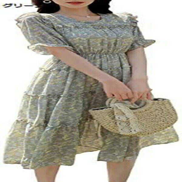 ワンピース 夏 レディース 花柄 ドレス シフォン カジュアルワンピース ミディアム丈 クルーネック Aライン 着痩せ きれいめ おしゃれ