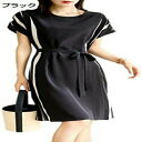 ワンピース レディース サマードレス 夏服 クルーネック エスト紐付き 半袖 ワンピ 体型カバー 膝丈 配色 切り替え 着痩せ おしゃれ