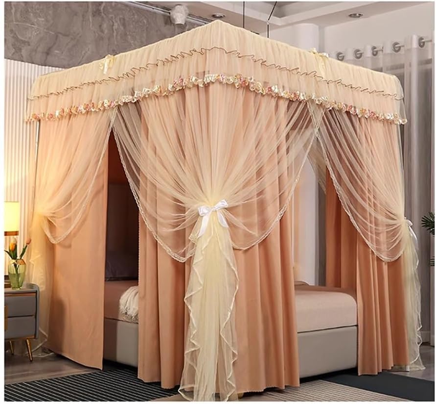 天蓋 カーキのベッドキャノピー蚊帳、ツインクイーンキング用、寝室装飾ベッドカーテン、金属ブラケッ..