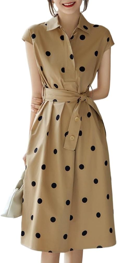 レディース ワンピース シャツワンピース ミドル丈ワンピース ドレス 夏服 半袖 Aライン ドット エレガント きれいめ カジュアル 通勤 ..