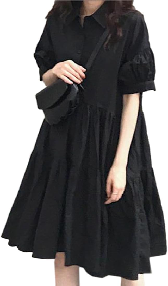 シャツワンピース レディース 半袖ワンピース 無地 ゆったり シンプル 体型カバー 大きいサイズ フリル..