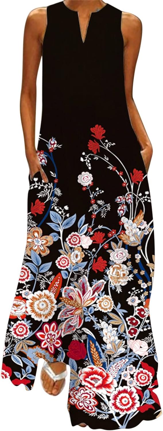 レディース トップス リゾート 夏 サマードレス ロング マキシ丈 袖なし Vネック ゆったり ロングワンピース 薄手 Aライン 花柄 マキシワンピース エレガント体型カバー 着痩せ 大人 通勤 通学