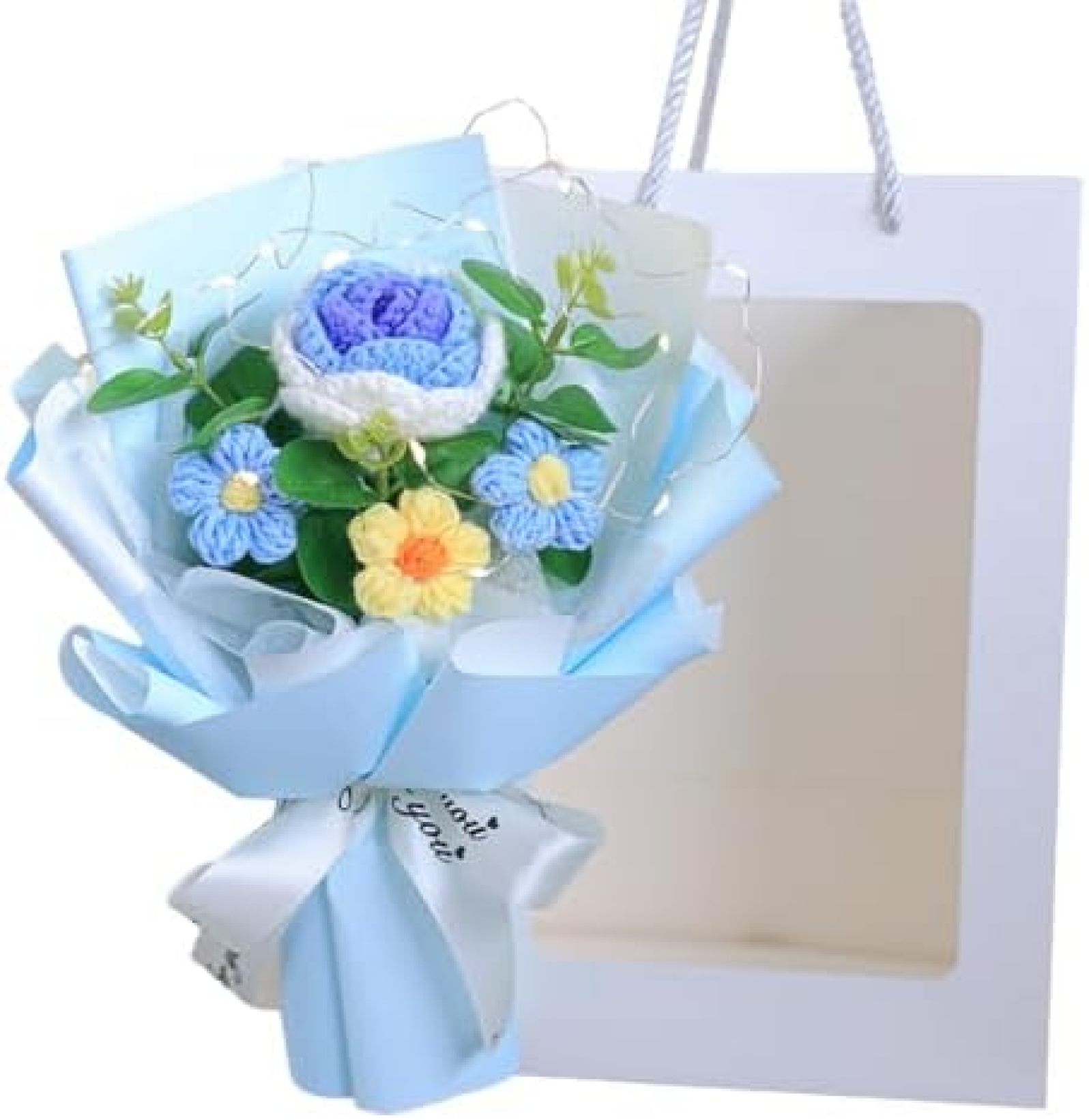 「25％OFFクーポン付き」ニットフラワーブーケ ハンドメイド 枯れないお花束 かぎ針編みフラワーブーケ 花束+ギフトバッグ+ライトバー 造花 毛糸の花束 インテリア クロシェフラワー ニット 手編みフラワーギフト おしゃれな飾
