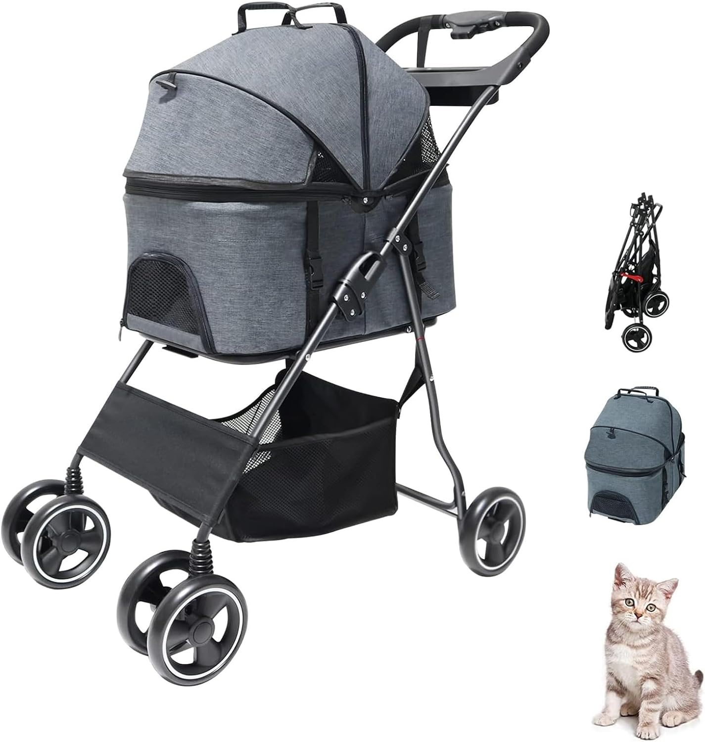 ペットカート 折りたたみ 犬用ベビーカー 猫 犬バギー 4輪 小型犬 中型犬カート 軽量コンパクト 脱走防止 リード2本付き 前輪360°回転 後輪ブレーキ付き カゴ収納 メッシュカバー 介護用 組み