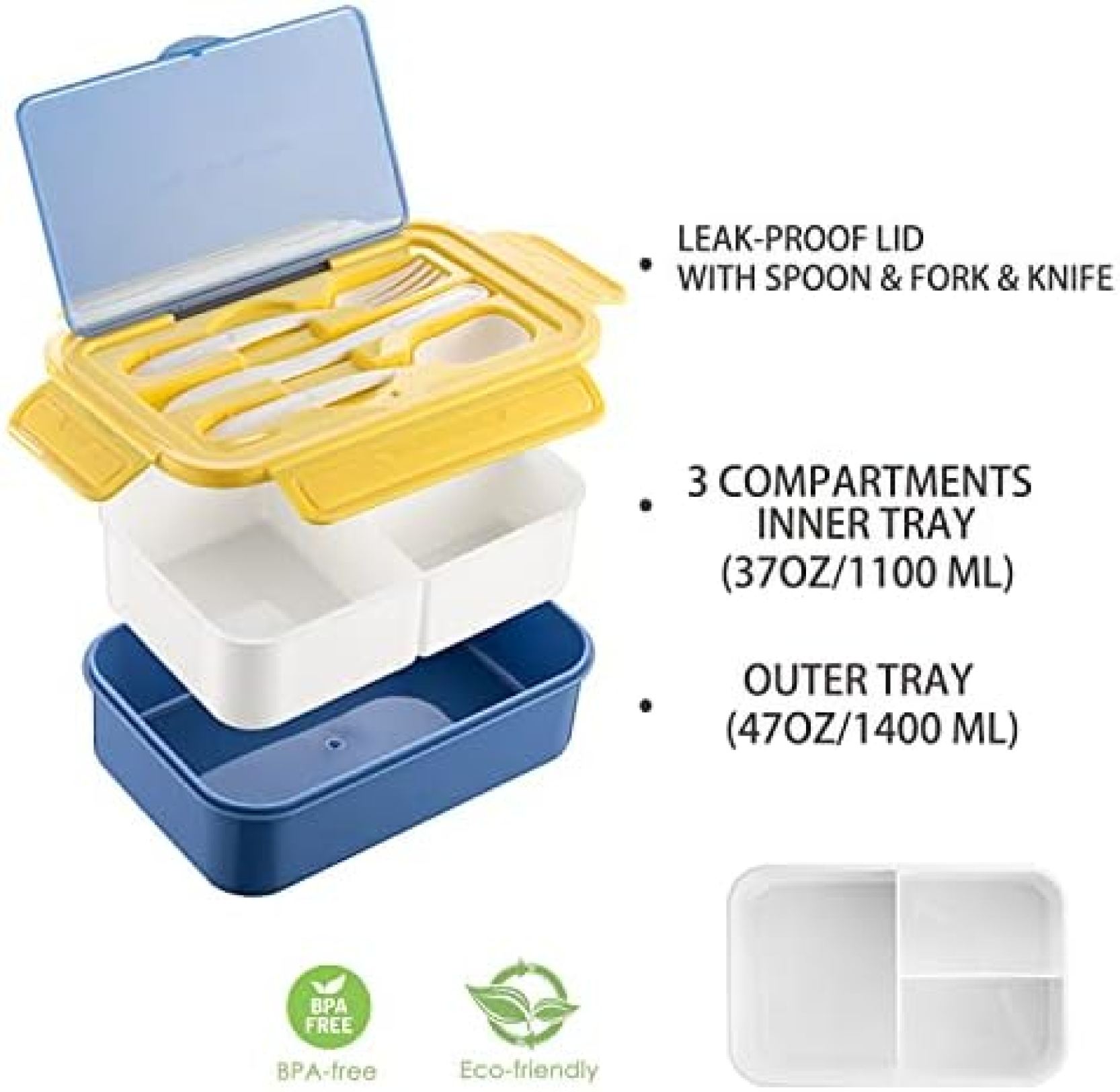大森麗萱の子供用 大人用 弁当箱 ランチボックス 38オンス 食品保存容器 調理器具付き BPAフリー 電子レンジ 食洗機 冷凍庫対応 (ブルー)｜アングル3