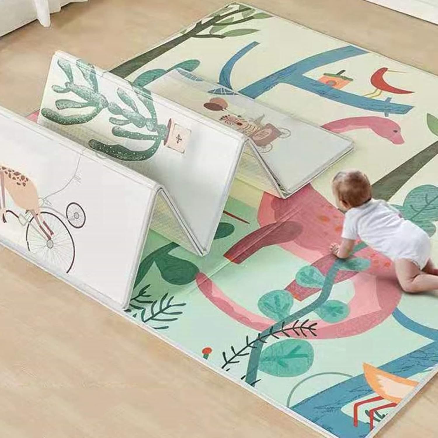 プレイマット 196*177*1cm ベビーマット 折りたたみ 学べる 可愛い 薄手 厚手 遊び 動物 転倒防止 収納 清掃簡単 両面パターン キッズ用プレイマット 安全 無味 出産祝い ルームマット