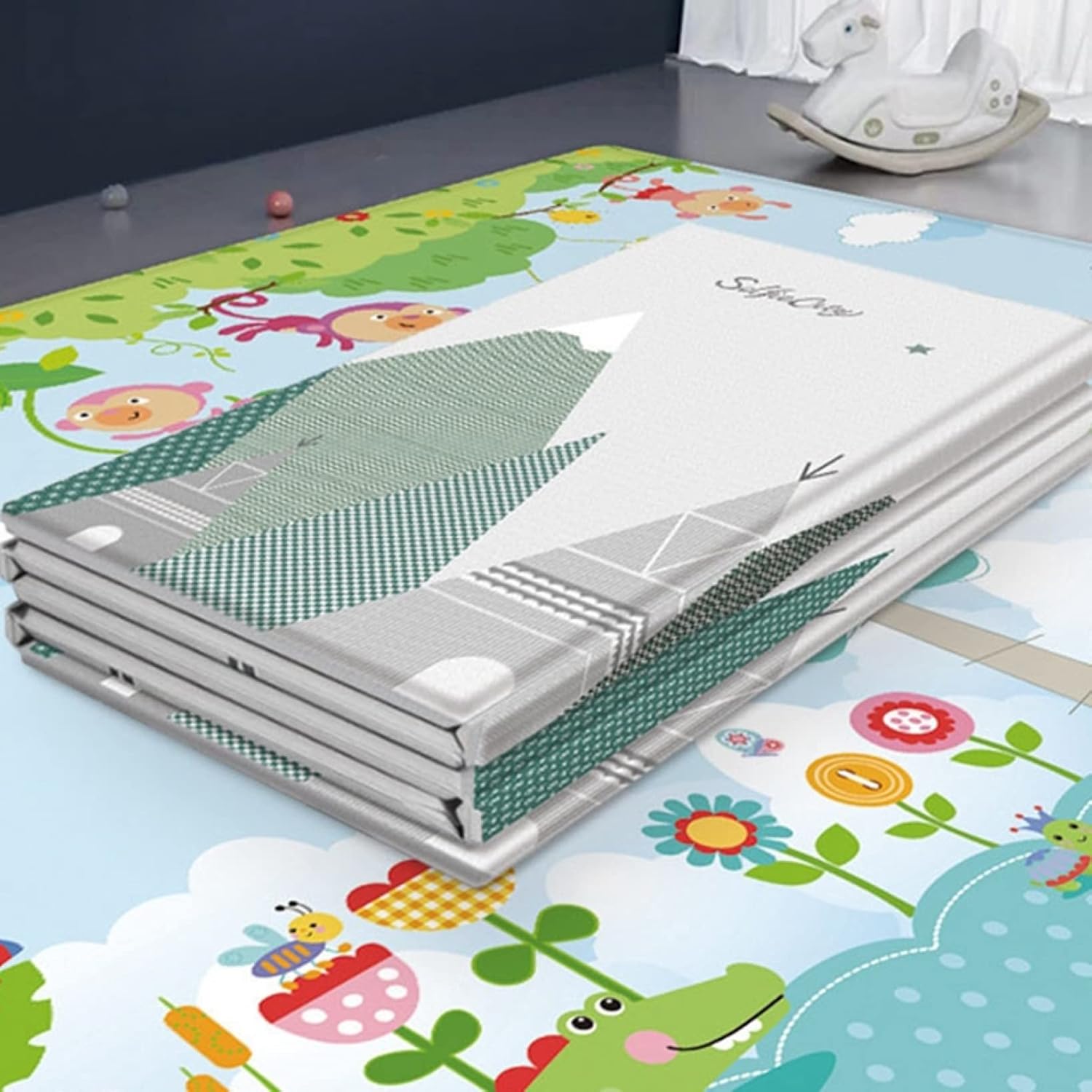 ベビープレイマット 200*180*1cm 折り畳み式 両面使用可 収納 可愛い ベビー キッズ用プレイマット 滑り止め 安全無味 動物園 清掃簡単 衝撃緩和 防水 防音 出産祝い ルームマット フロ