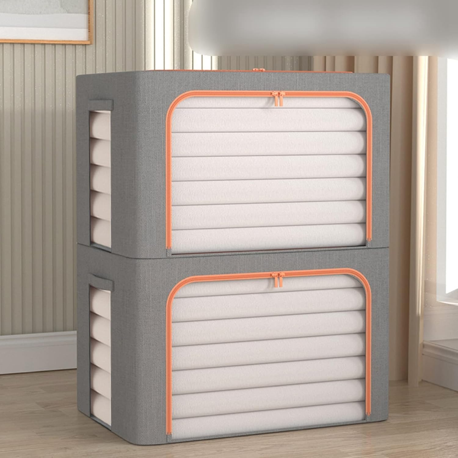 ワイヤー入り 収納ボックス 衣類収納 折り畳み式 大容量 透明窓付き 押入れ収納 通気性 防塵 小物入れ 雑貨収納 タオル 衣類 おやつ おもちゃ収納 使わない時は小さく畳めて便利 省スペース 収納キ