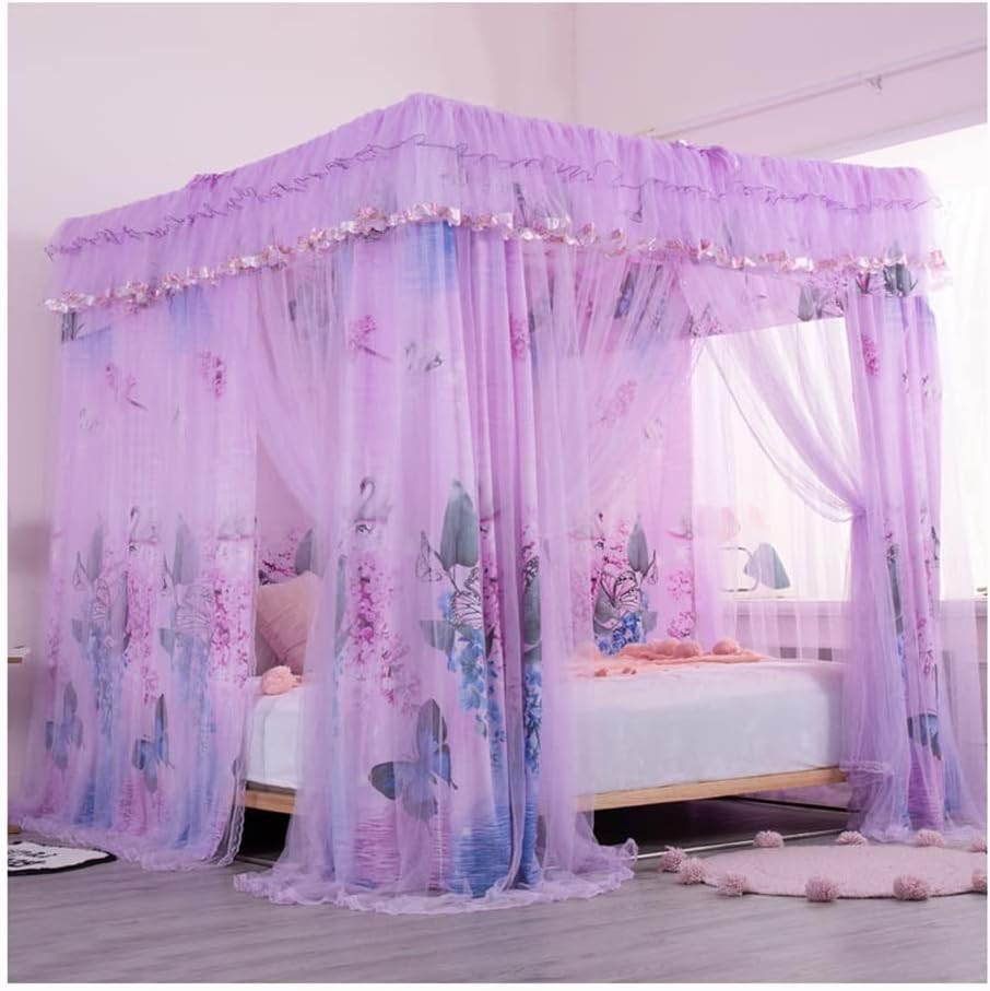 天蓋 4コーナーコラムベッドキャノピーモスキートネット ロマンチックに装飾されたシングルベッドダブ..