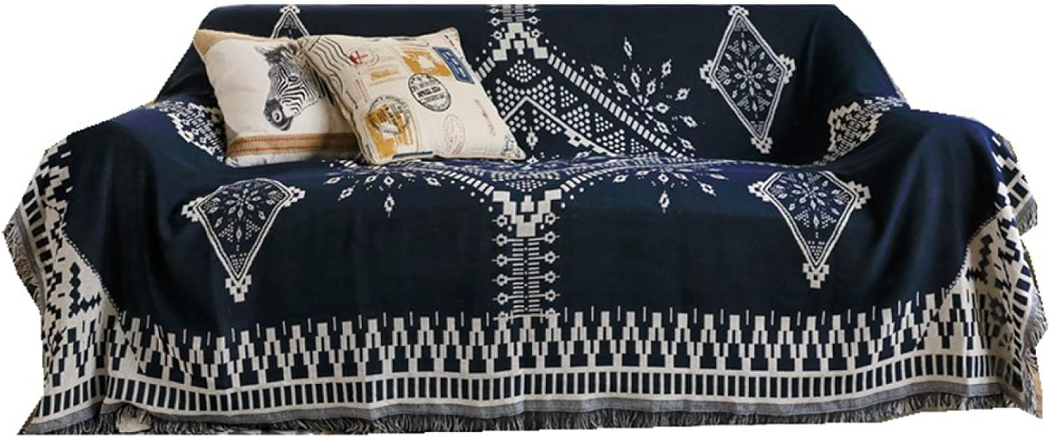 民族風 マルチカバー ソファーカバー 二人掛け 三人掛け 華やか 幾何学柄 エスニック フリンジ シンプル おしゃれ ブランケット カーペット 北欧 毛布 ネイビー ダブルソファー シングルソファー [2]