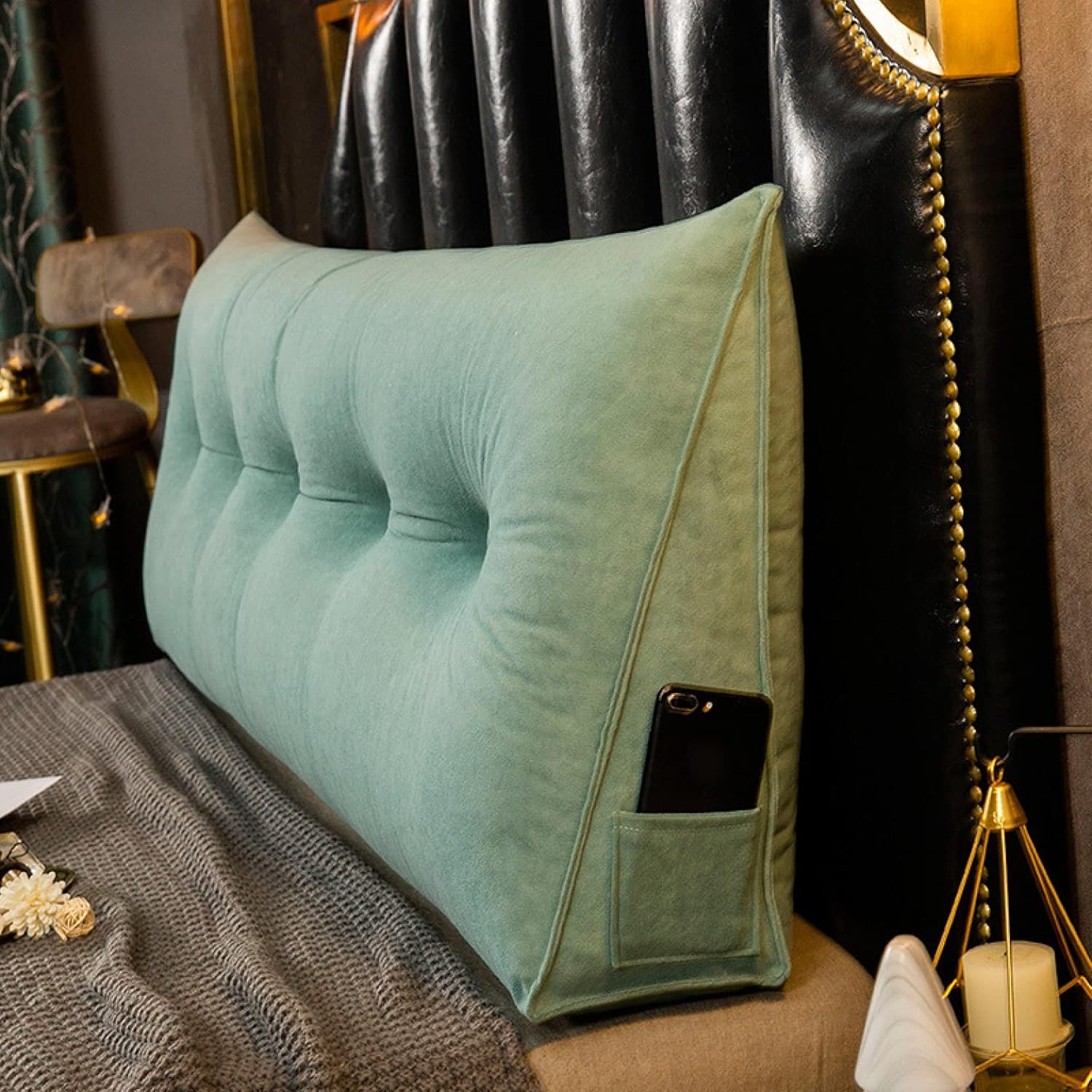 三角クッション 低反発 カラー グリーン ベッド 背もたれ 腰枕 足枕 寝返り 洗濯可 腰当てクッション ..