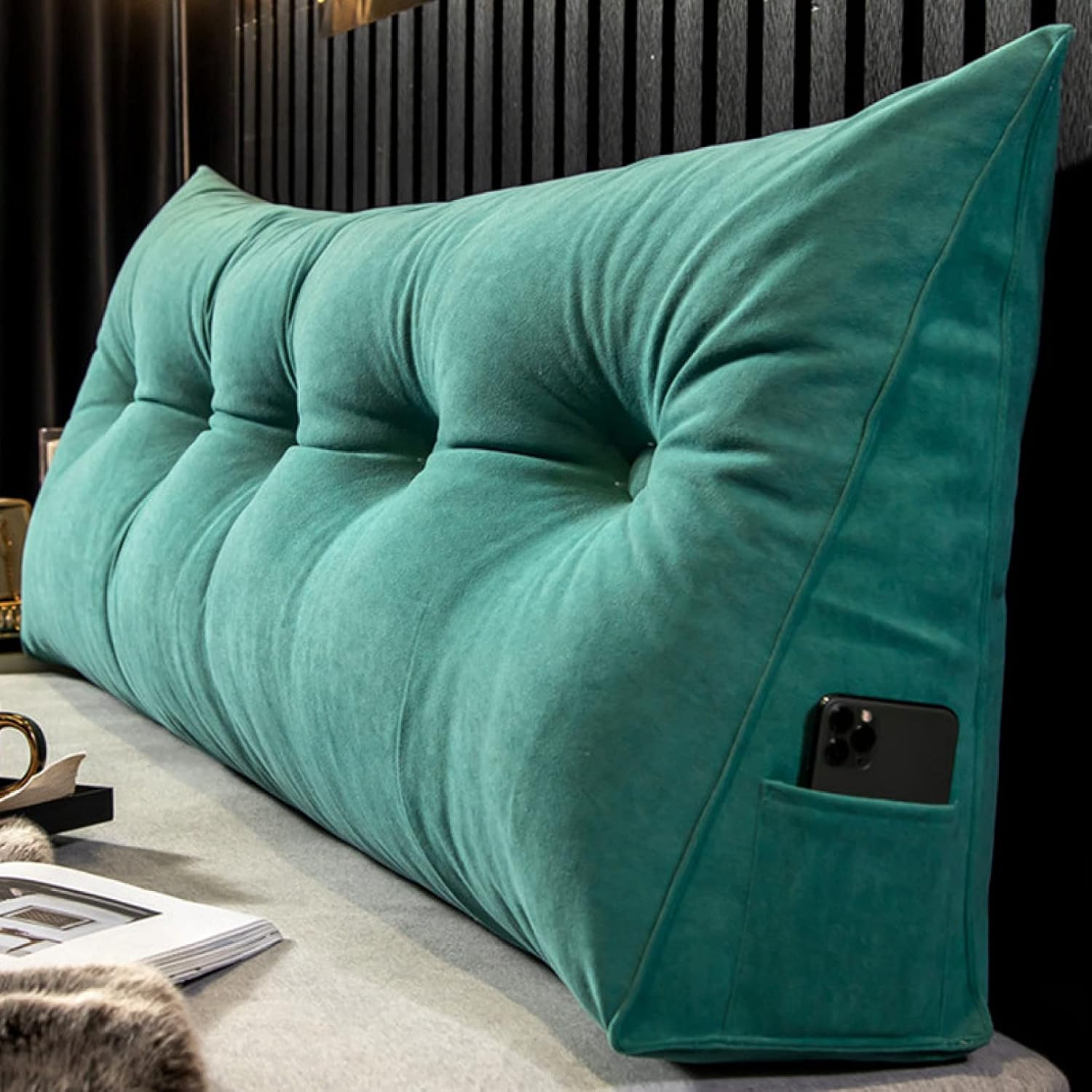 ヘッドボードクッション 無地 100*20*50cm ウェッジ枕 三角クッション 弾力性 ふわふわ パッド グリー..