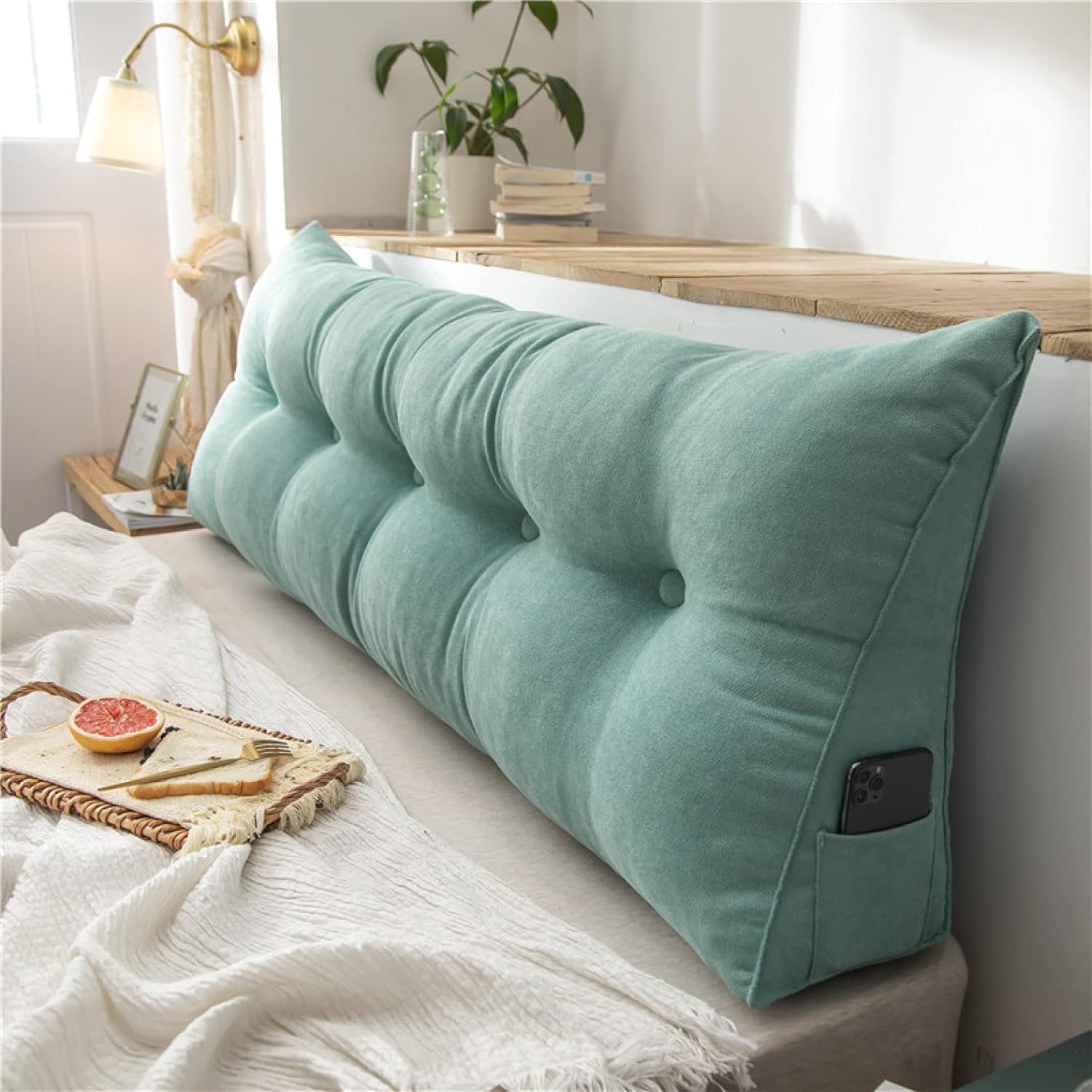 ロングクッション ウェッジ枕 背もたれ位置サポート ベッド ポケット付き 読書枕 80*50*23cm パッド ヘ..