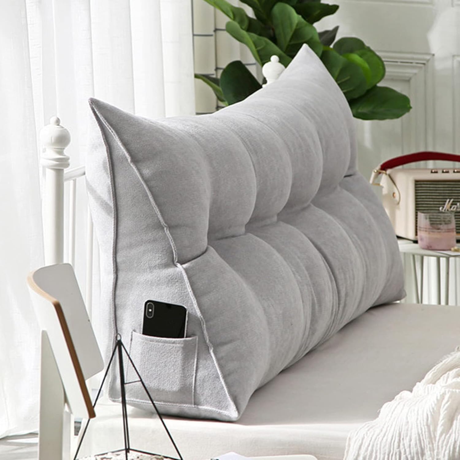 クッション 背もたれ ヘッドボード 三角形まくら ソフトケース シルバー 100X50cm 腰部クッション バッ..