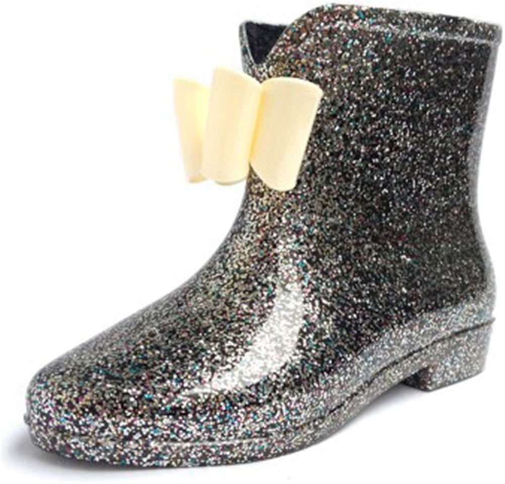 キラキラレインブーツレインシューズ梅雨対策レディース可愛いリボン付き花付きフラワー太ヒールローヒ..