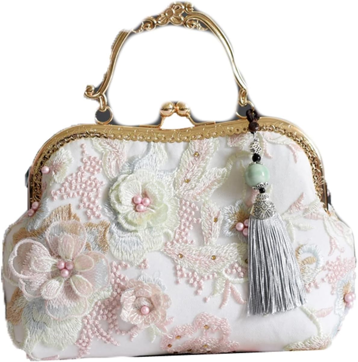 レディース ハンドバッグ 立体花刺繍 がま口ポーチ 手提げ フリンジ 2way 小物入れ レトロ 財布 レース ショルダーバッグ 斜めがけ ラインストーン 復古 持ち 和装 花柄 成人式 和装 宴会