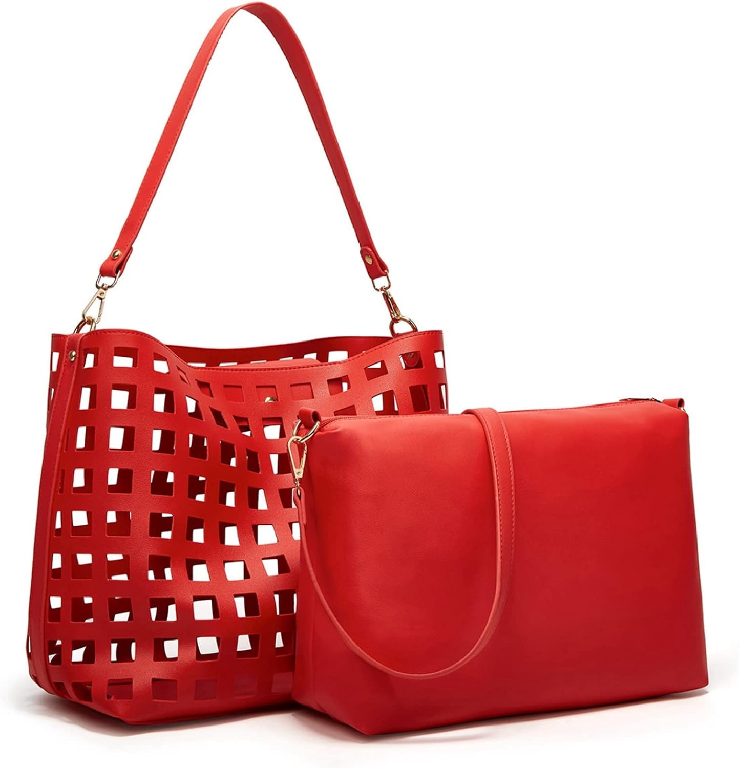 トートバッグ 2点セット ショルダーバッグ付き ポーチ付き 手編み レザー 通勤通学 大容量 A4対応 レディース ハンドバッグ パンチング加工 オシャレ 肩掛けバッグ サブバッグ付き ポーチ 柔らか