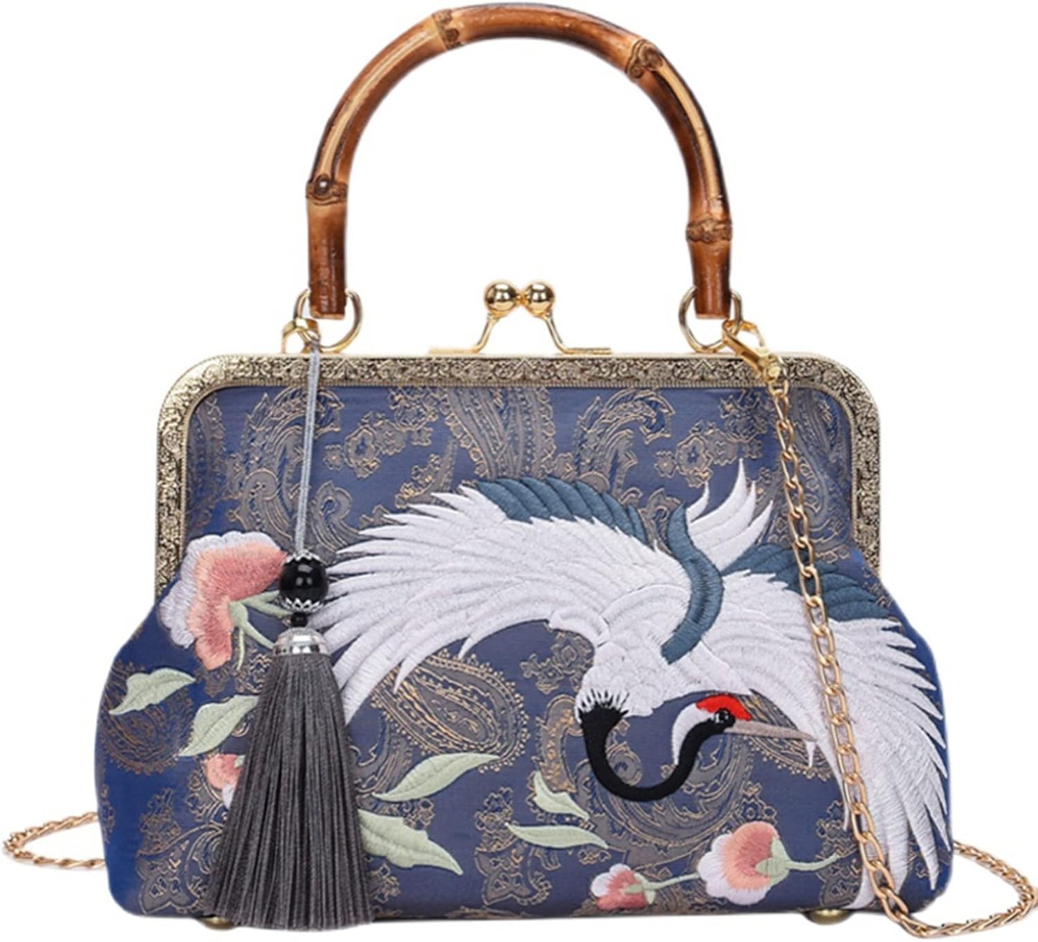 がま口ポーチ 和風和柄 2way レディース 鶴 金糸刺繍 輝き ハンドバッグ ショルダーバッグ 手提げ 花柄 中華風 斜めがけ レトロ フリンジ 肩掛け 女性 宴会 二次会 和装用 着物 和装 青(4)