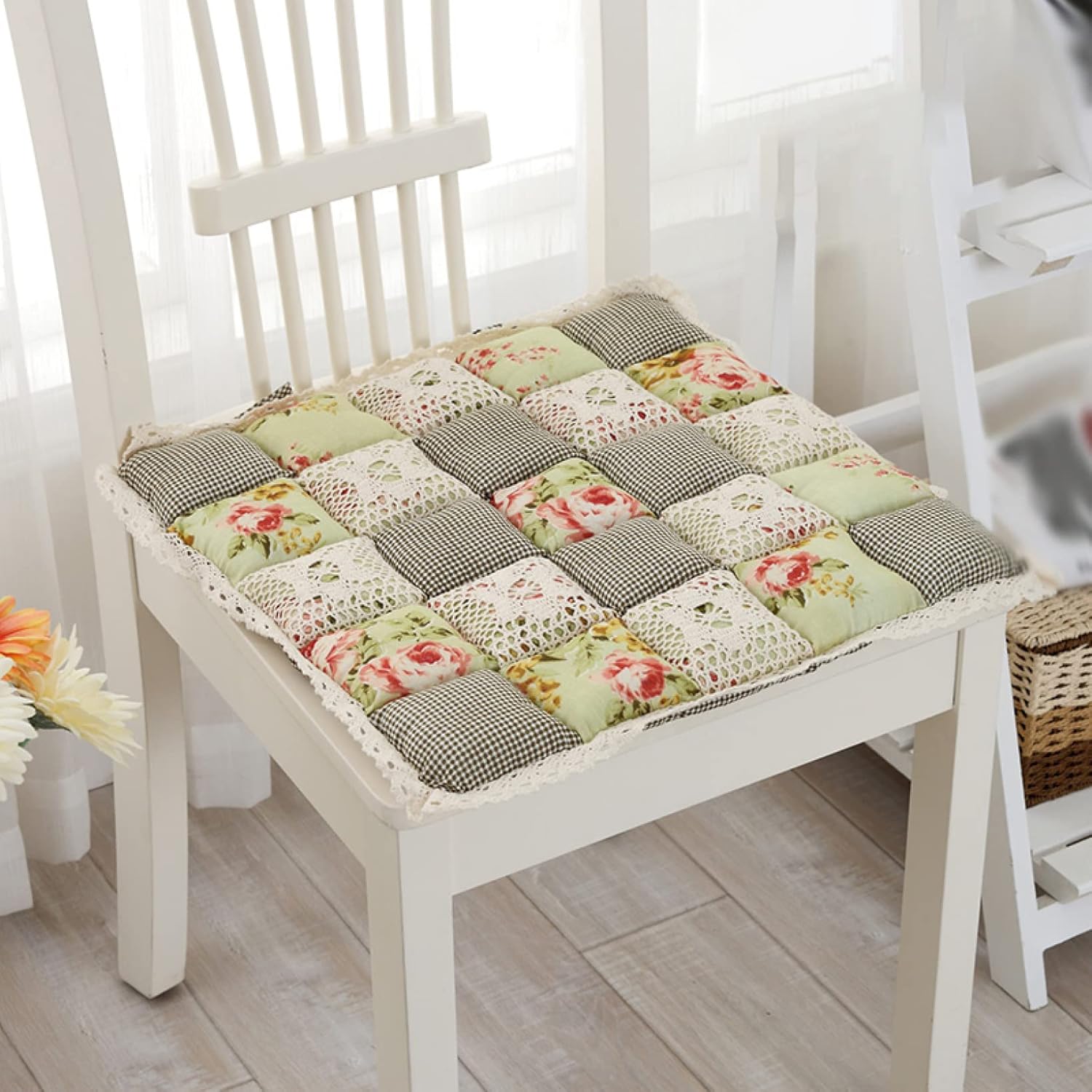 椅子クッション 花柄 シートクッション 座布団 チェア用 ひも付き 両面柄 食卓椅子用クッション ダイニ..