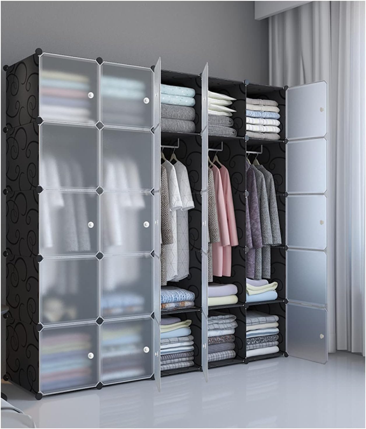 大森麗萱のワードローブ 改良型 組み立て式 クローゼット 環境保護樹脂 鉄筋の骨組 F 耐久性 耐荷重 大容量 衣類収納 組み立て式 収納ボックス プラスチックケース ハンガーポール付き おもちゃ箱 衣装ケース｜アングル2
