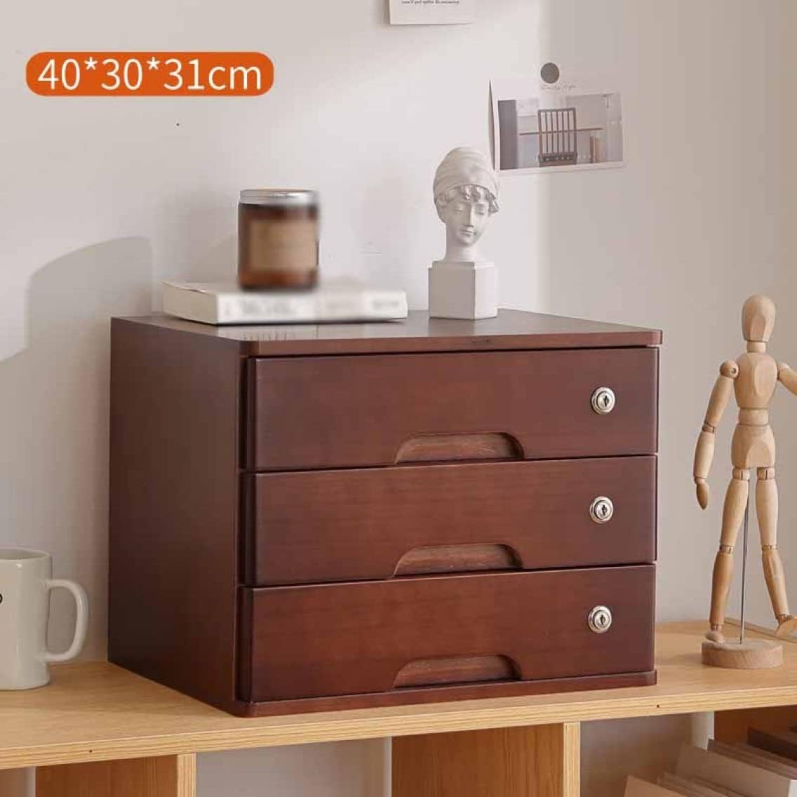 大森麗萱の鍵付き 小物チェスト 引き出し 木目 小物収納 デスク上置棚 40*30*22cm 木製 1段 2段 3段 ヴィンテージ風 机上台 机上収納 ノートパソコン台 pcモニタースタンド レターケース スタ｜アングル2