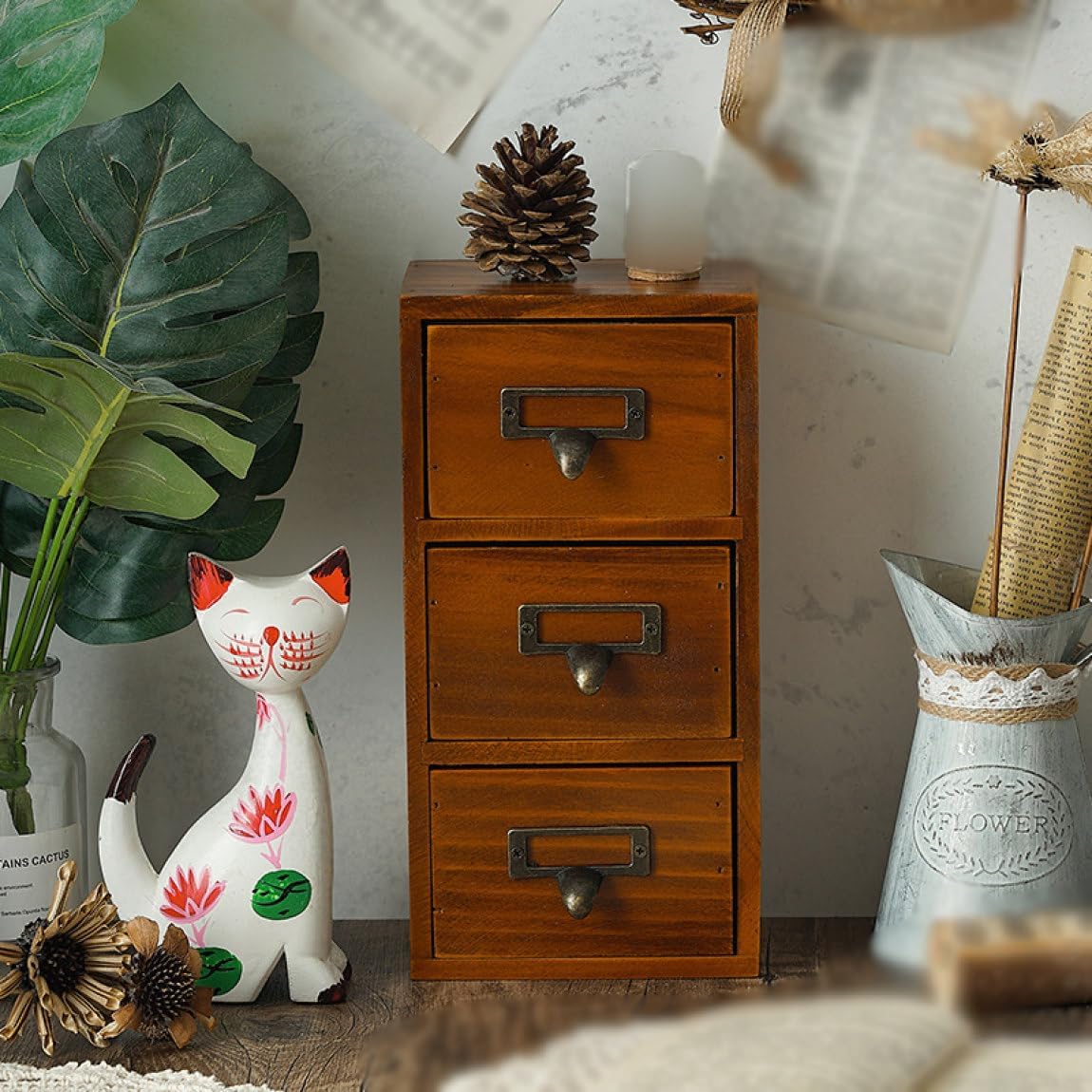 多段チェスト 収納ボックス 13.5*9.5*26.5 木製 ヴィンテージ調 引き出し 大容量 木目調 玄関 卓上 キャビネット 収納ケース 小物入れ 多機能 オフィス用品 デスクオーガナイザー 卓上