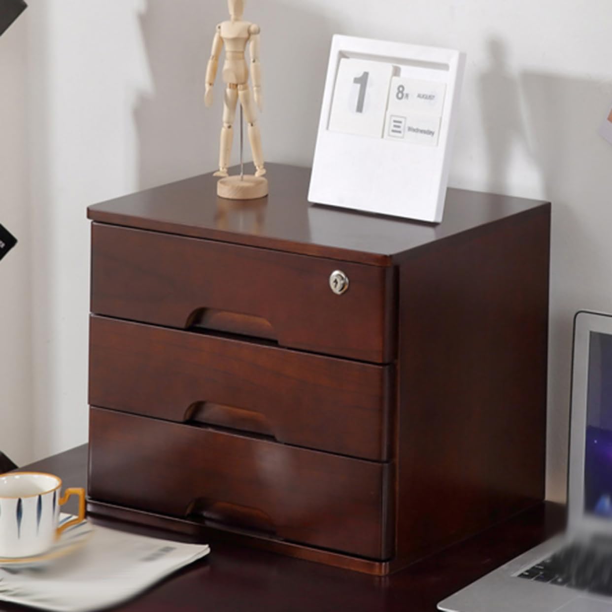 鍵付き 収納ボックス チェスト 木目調 引き出し オフェス用品 卓上収納ケース 机上収納 小物入れ スタイル2 デスクオーガナイザー 大容量 小物収納 デスク上置き棚 アンティーク調 40*30*41