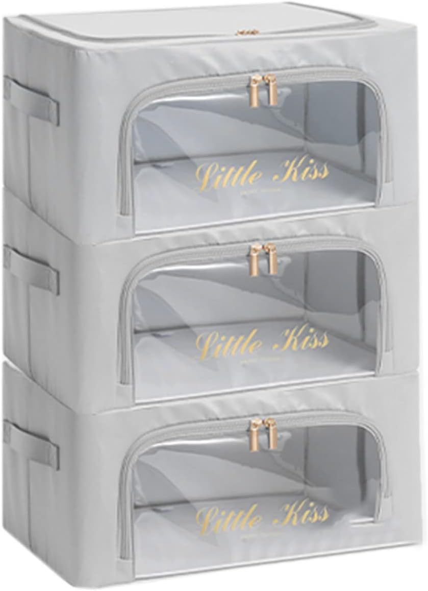 3個セット 収納ボックス グレー 収納ケース 大容量 衣類 折り畳み 取っ手付き 蓋付き 整理ボックス 洗える 防塵 防湿 高耐久性 おもちゃ 書類 22L*3 ファスナー ワイヤー入り 収納ケース