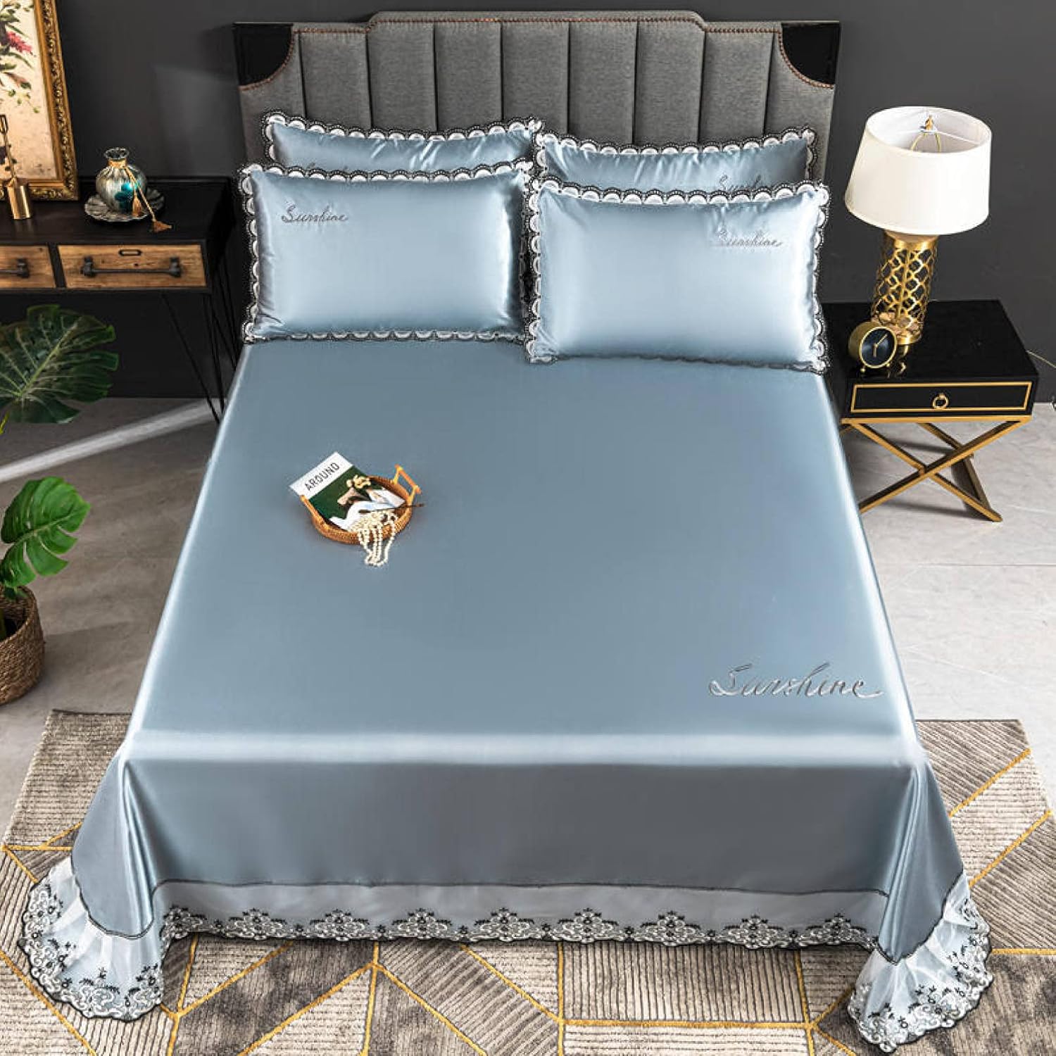 レース ふとんかばー 上品 布団カバー 3点セット 姫系 ベッドカバー シルクみたい 華奢 フラットシーツ シングル ダブル レース布団カバー 枕カバー ジッパー付き 洗える MH 速乾性 ブルー 防