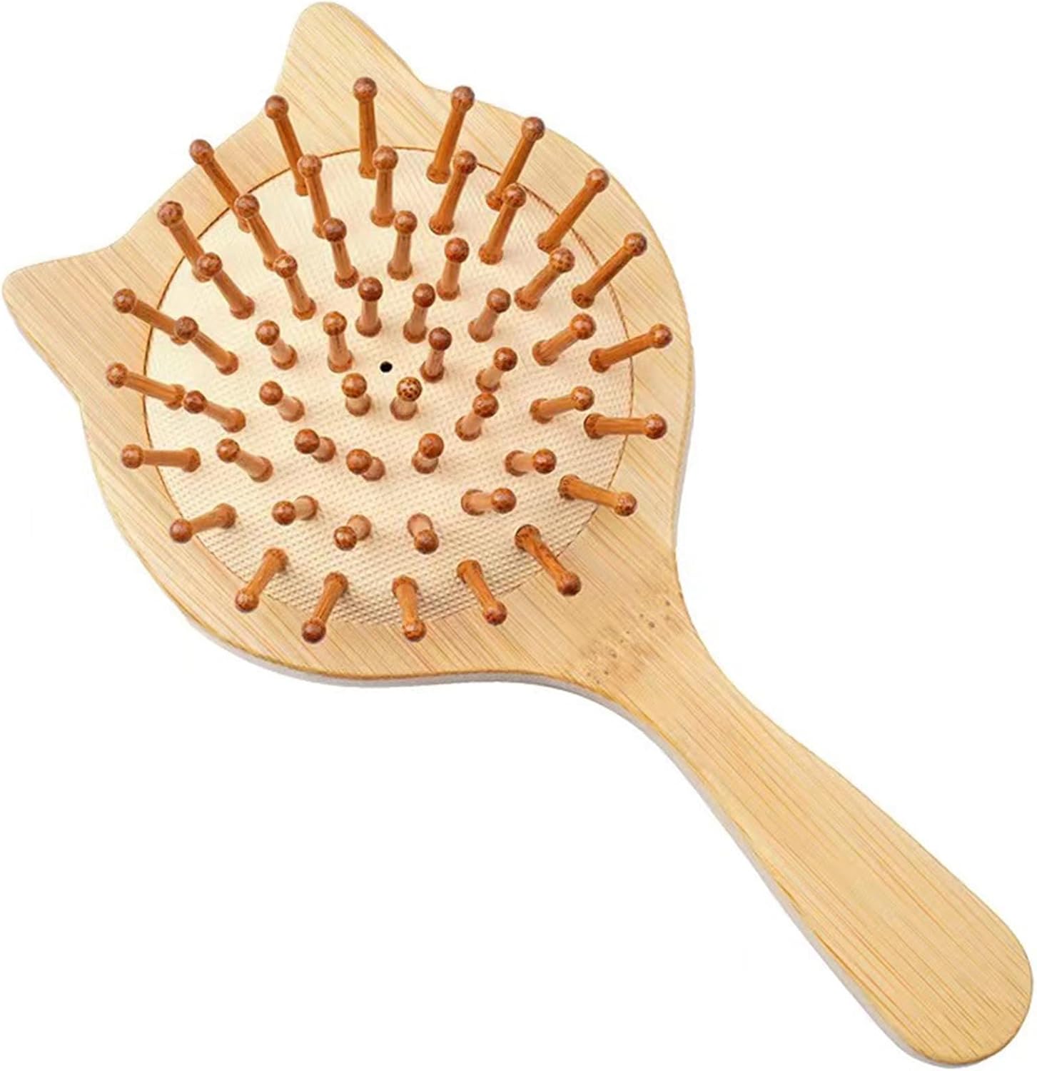 猫の形 天然楠竹 エアクッションコーム 木製櫛 ヘアマッサージブラシ ハンドルコーム ふんわりした髪質..