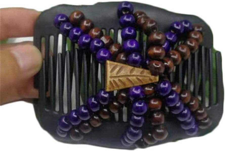 マジックヘアスタイルコームイミテーションウッドダブルローコームダブルロークリップ木製ビーズ弾性ヘ..