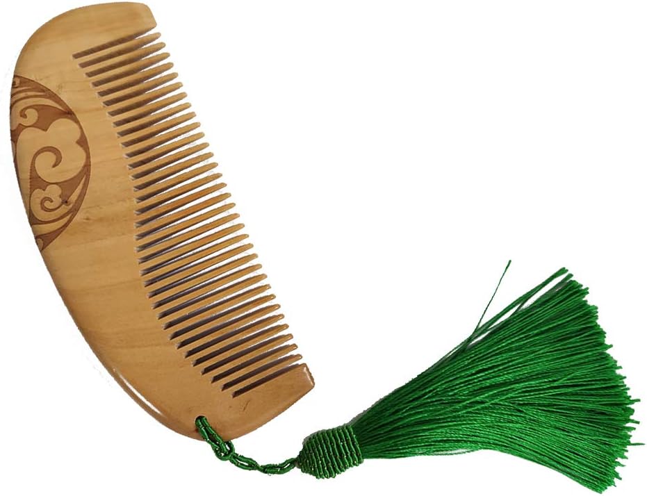 高級木製櫛 ヘアコーム 半月とき櫛 頭皮マッサージ 天然ピーチツリー 静電気防止(緑)