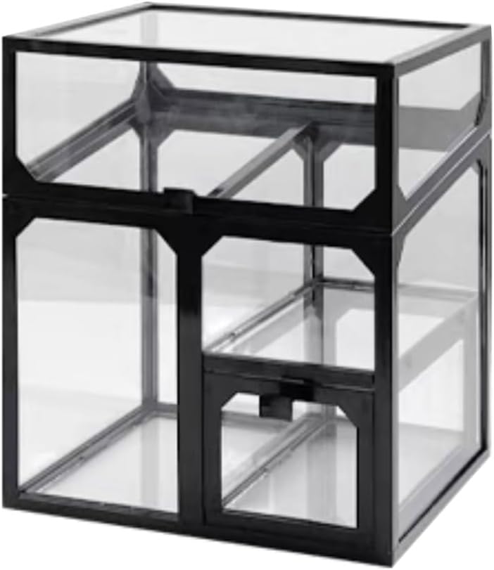 クリア化粧品収納ボックス 強化ガラスコスメボックス 引き出し付きメイクボックス 防塵蓋付きコスメボックス 透明カバー付き化粧筆箱 化粧ブラシ収納ケース (ブラック)