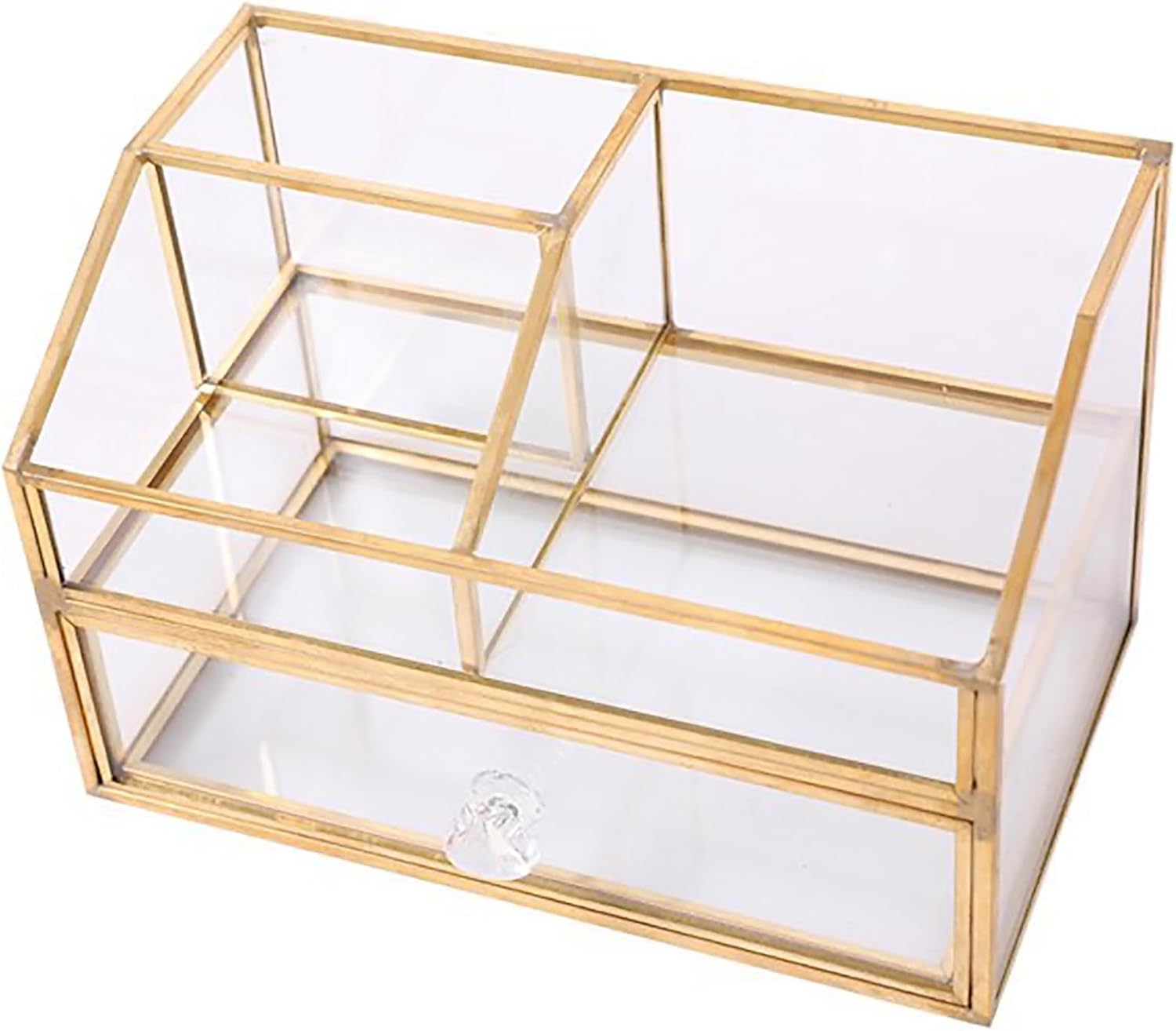 　　　 ◆◇◆売れている秘密◆◇◆ 【製品仕様寸法】：19*11.5*12cm；商品特徴：収納便利、可愛い外観；色：ゴールド；材質：ガラス；適用場所：バスルーム、寝室、化粧台 【2つ構成】：BelleLife の収納ボックスは上段と下段の2つの部分で構成されているので、セットでの使用は勿論、分けて使用することも出来ます。上段には大きさの異なる仕切りがあり、メイクブラシやマニキュア、マスカラ、リップ、グロス、アイライナーを立てて収納することができます。下段には引き出しがあり、アクセサリーや腕時計、その他コスメ用の小物などを収納することが可能です 【整理超簡単】透明なので中身が一目瞭然、整理しやすくて、忙しい朝もメイク用品を探す事無く、スムーズに使用する事ができます。コスメやメイク道具といった化粧品を始め、ジュエリーやアクセサリーといった小物の収納に適しています 【オススメ理由】仕切りが付いているから、使い分けに口紅やメイクブラシなどをきちんと収納でき、コンパクトや香水を置くことができます。 傾斜が付いているので、置いた口紅やリップクリームなどが見やすくて、ドレッサーに置くのもおすすめ。 バラバラになりやすい小物を美しく収納でき、お部屋やオフィスに置くのにぴったりのアイテムです 【耐久性】耐久性のあるアクリル酸から作られます。透明なガラスと装飾性黄銅金属の装飾を観察しやすく、優雅な装飾を補いました。BelleLifeは全力を尽くしてお客様に安全?信頼?高品質の商品とサービスを提供します。 　　　◆◇◆注意事項◆◇◆ご覧のモニターの環境、撮影環境により実物と色味が異なって見える場合がございます。湿った状態で他のものと擦り合わせると色が移る恐れがあります。濃色品の洗濯時は、白色、淡色と分けて洗ってください。説明 -