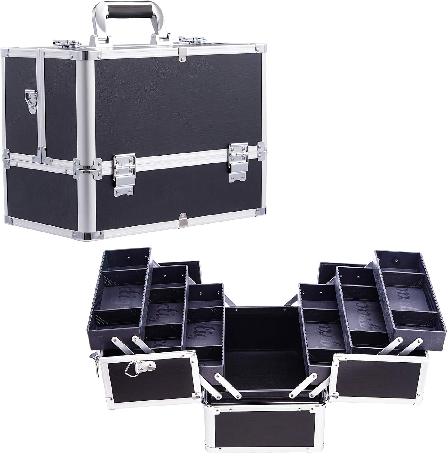 メイクボックス PUレザー コスメボックス 化粧箱 大容量 化粧品収納ボックス ショルダー付き 6つトレイ 幅37cm ブラック