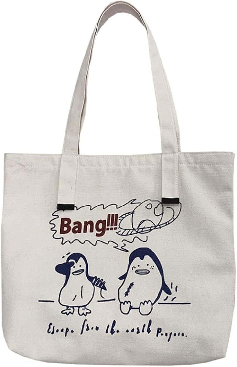 ショルダーバッグ トートバッグ かわいい ペンギン柄 プリント 大容量 42x38cm ベージュ 大学生 通学 通勤 出掛けバッグ ファスナー付き 内側ポケット付き 手提げ 肩掛け エコバッグ