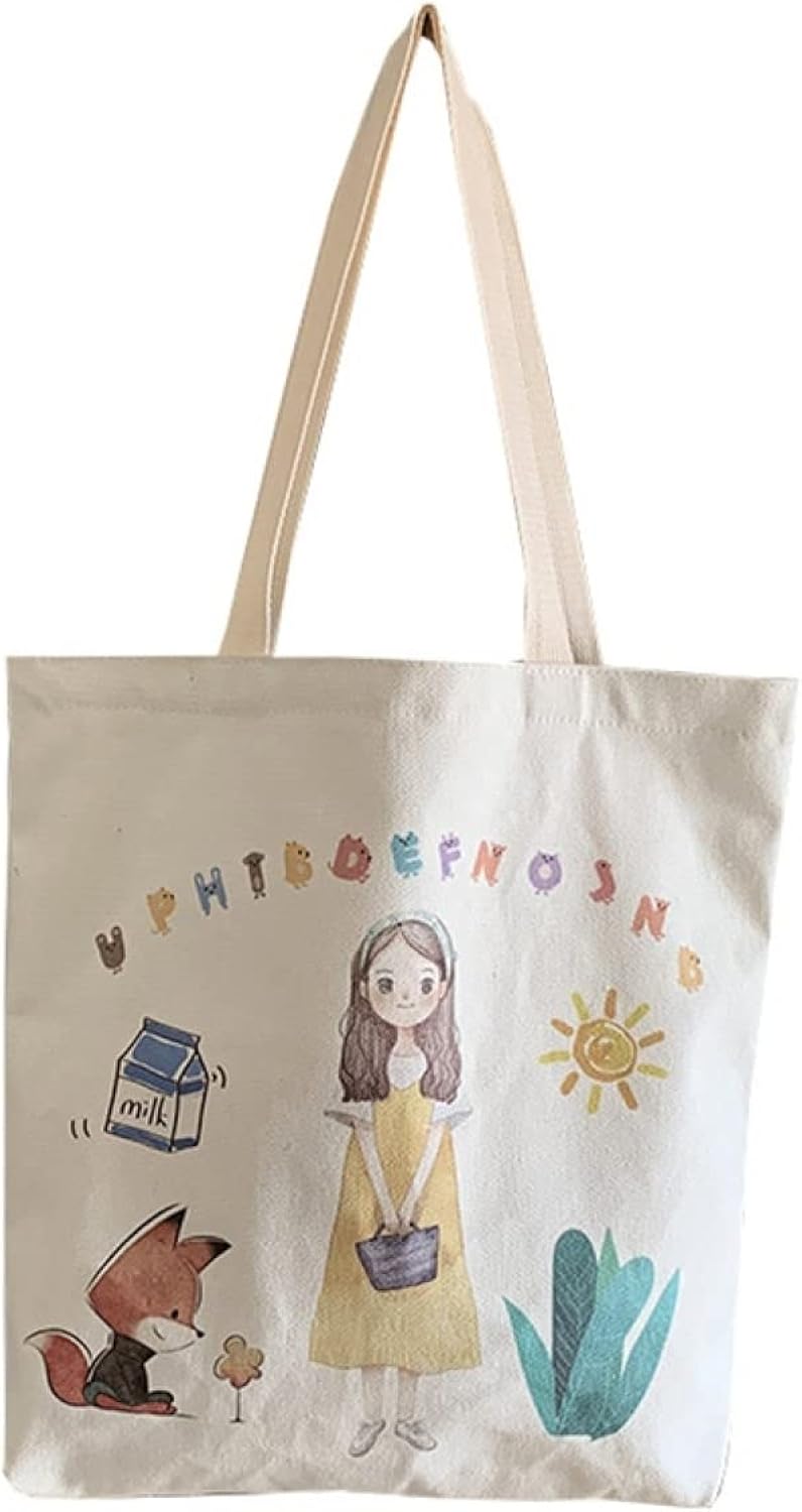 トートバッグ レディース 学生 帆布 可愛い プリント柄 挿絵 韓国風 おしゃれ 34x38cm 大容量 ファスナー付き 内側ポケット付き 手提げ 肩掛け 軽量 エコバッグ ショッピングバッグ