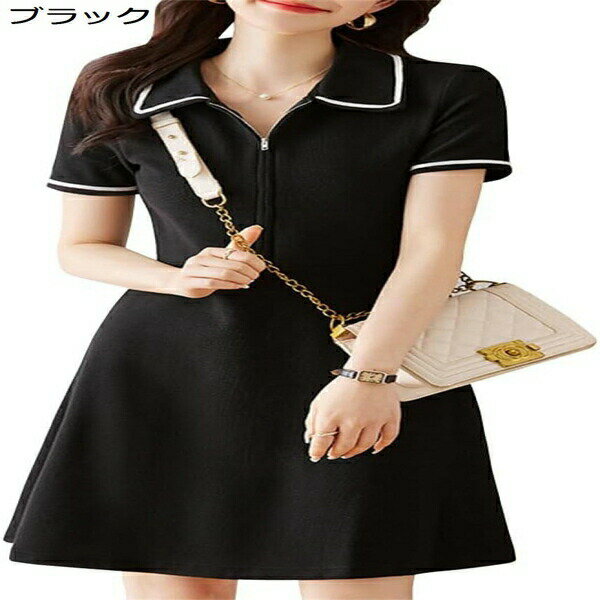 ポロシャツ 女性 ワンピース ハーフジップ ゴルフ ファッション 半袖 膝上丈 春 夏 秋 レディース 通気 吸汗 スポーツウェア カジュアル 韓国風 黒