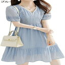 レディース ワンピース ドレス ショートドレス 半袖ワンピース 短い 夏服 Vネック 半袖 エレガント 甘い ハイウエスト カジュアル デート 通勤 日常着 ブルー