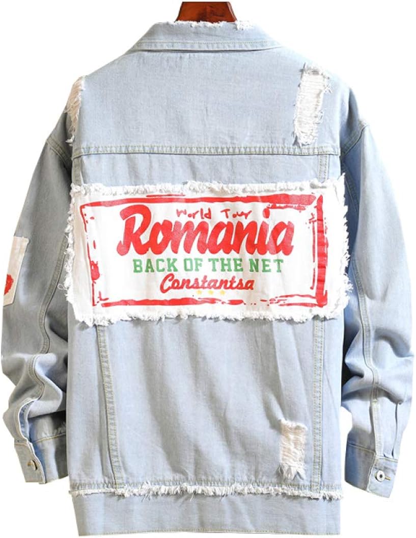 ジャン デニムジャケット メンズ 春秋 大きいサイズ 長袖 ゆったり 折り襟 ヒップホップ バリ ダメージ加工 カッコイイ 防寒 防風 お出かけ 通勤 通学 プリント柄 ブルー ブラック M-2XL