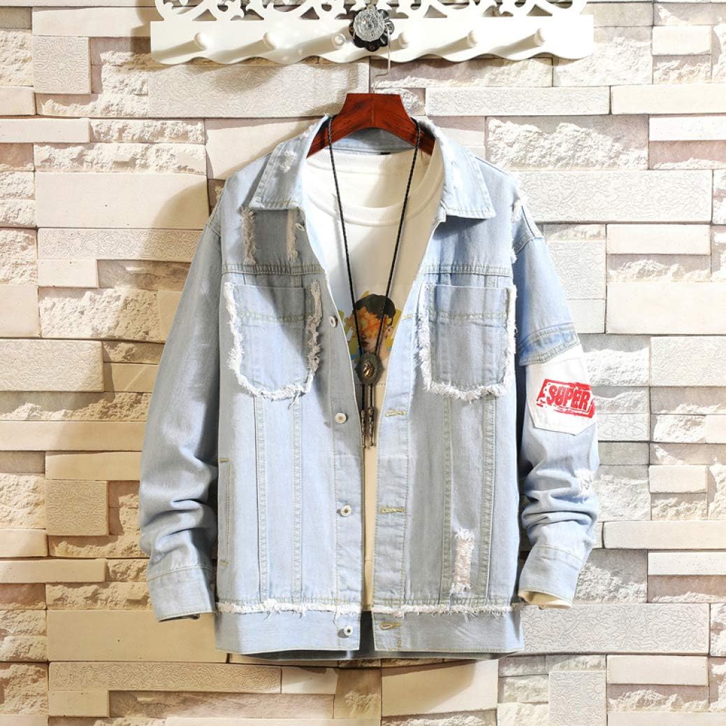 ジャン デニムジャケット メンズ 春秋 大きいサイズ 長袖 ゆったり 折り襟 ヒップホップ バリ ダメージ加工 カッコイイ 防寒 防風 お出かけ 通勤 通学 プリント柄 ブルー ブラック M-2XL