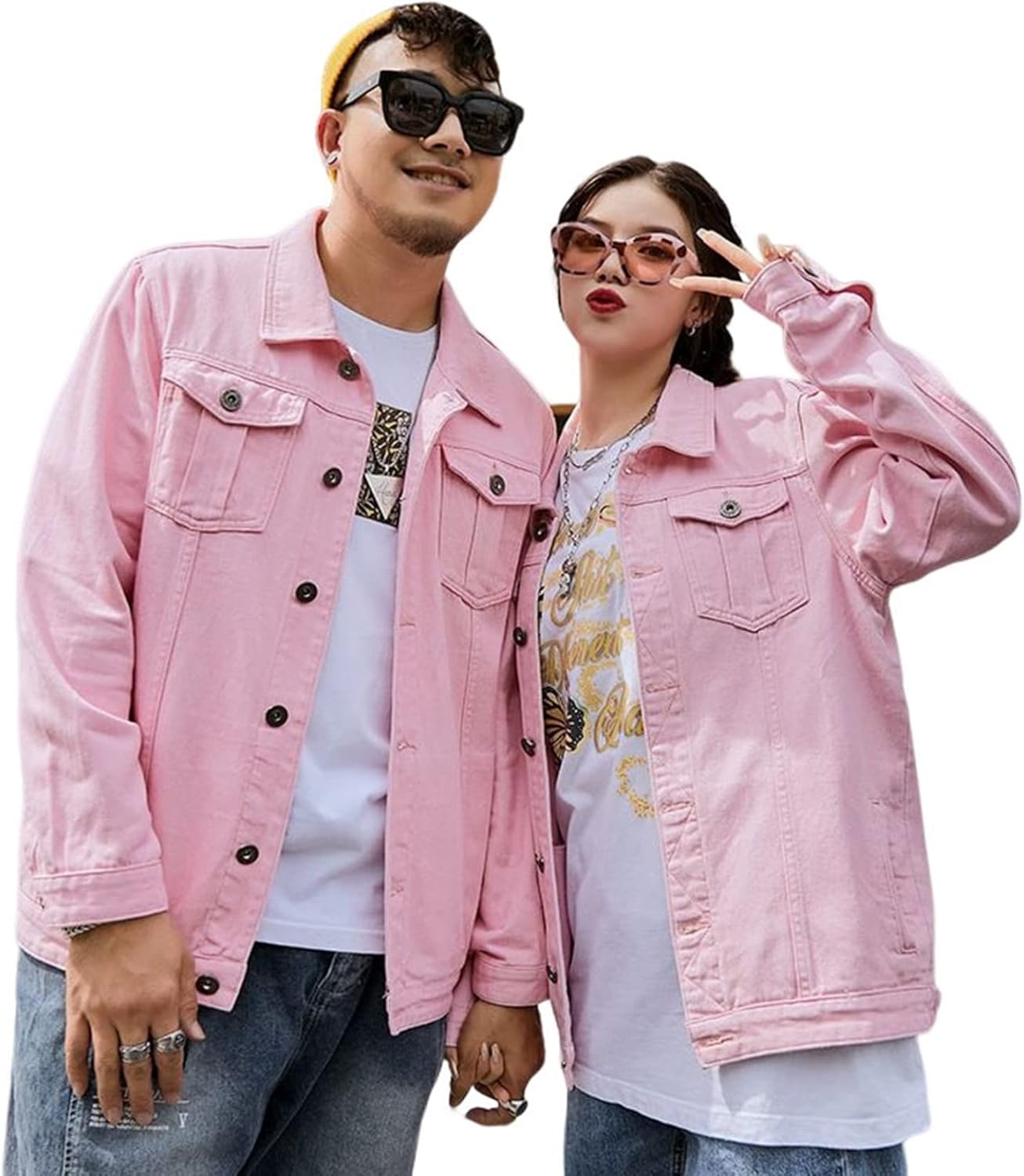 男女兼用 ジャン デニム 春秋 大きいサイズ ゆったり 折り襟 ジャケット 長袖 ストレッチ カジュアル カッコイイ 普段着 快適 防風 防寒 シンプル 無地 ピンク