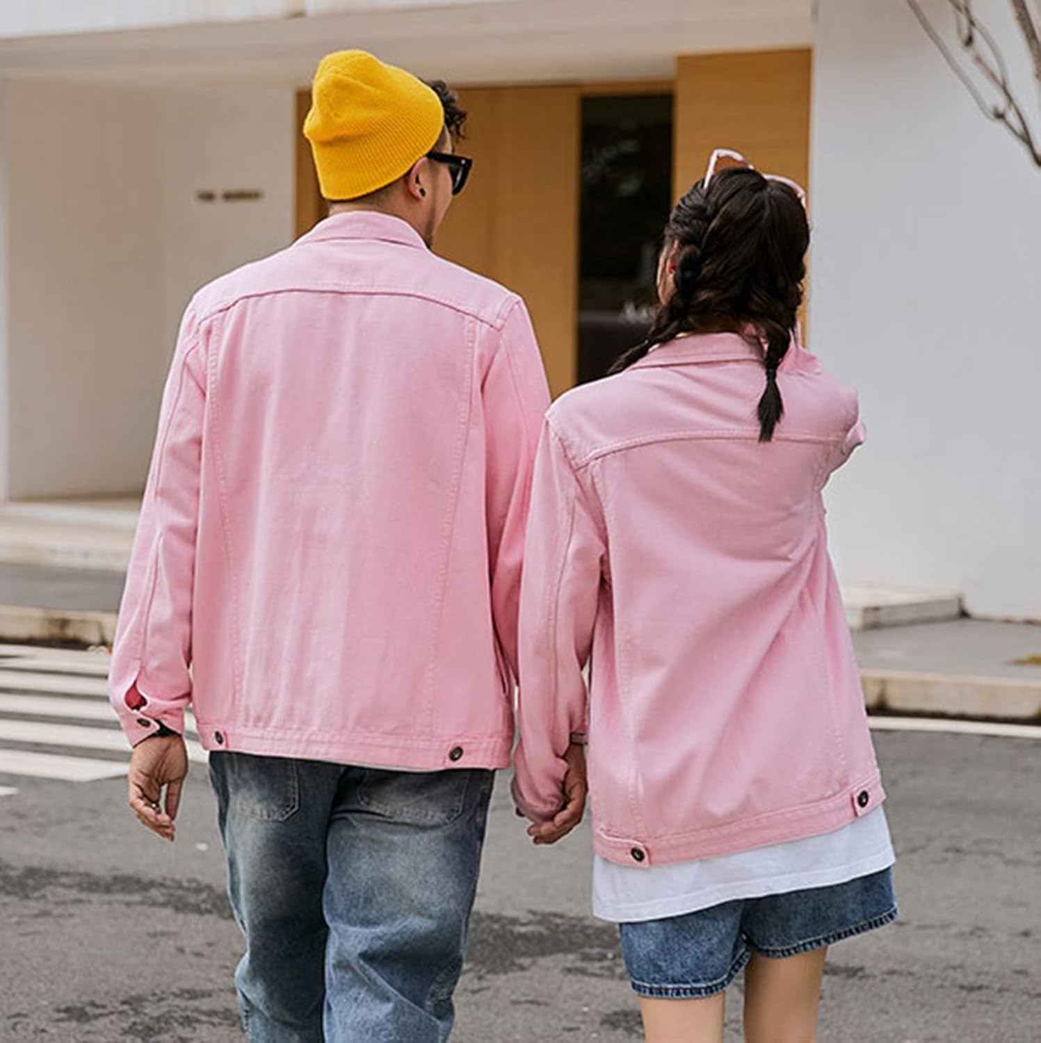 男女兼用 ジャン デニム 春秋 大きいサイズ ゆったり 折り襟 ジャケット 長袖 ストレッチ カジュアル カッコイイ 普段着 快適 防風 防寒 シンプル 無地 ピンク